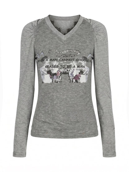 Emoha_Gray_Lace_Letter_Print_V-neck_Slim_Fit_Women&