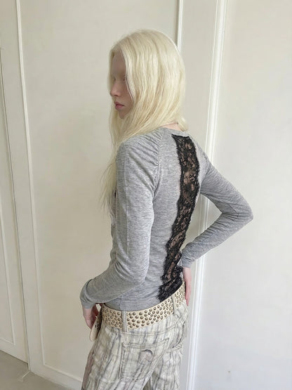 Emoha Gray Lace Letter Print V-neck Slim Fit Women&