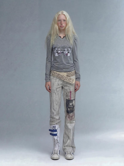 Emoha Gray Lace Letter Print V-neck Slim Fit Women&