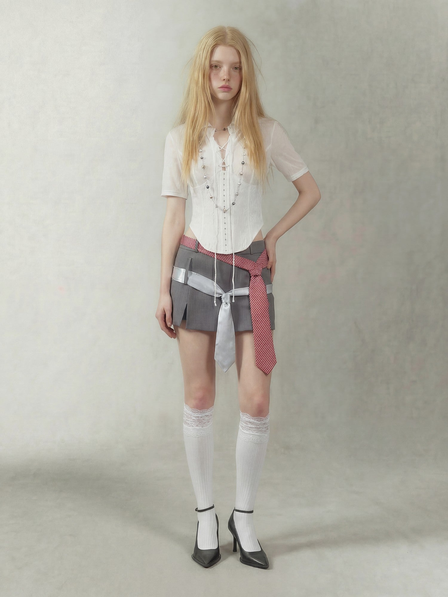 Emoha Gray Tie Detail A Line Side Zipper Mid Waist Women&