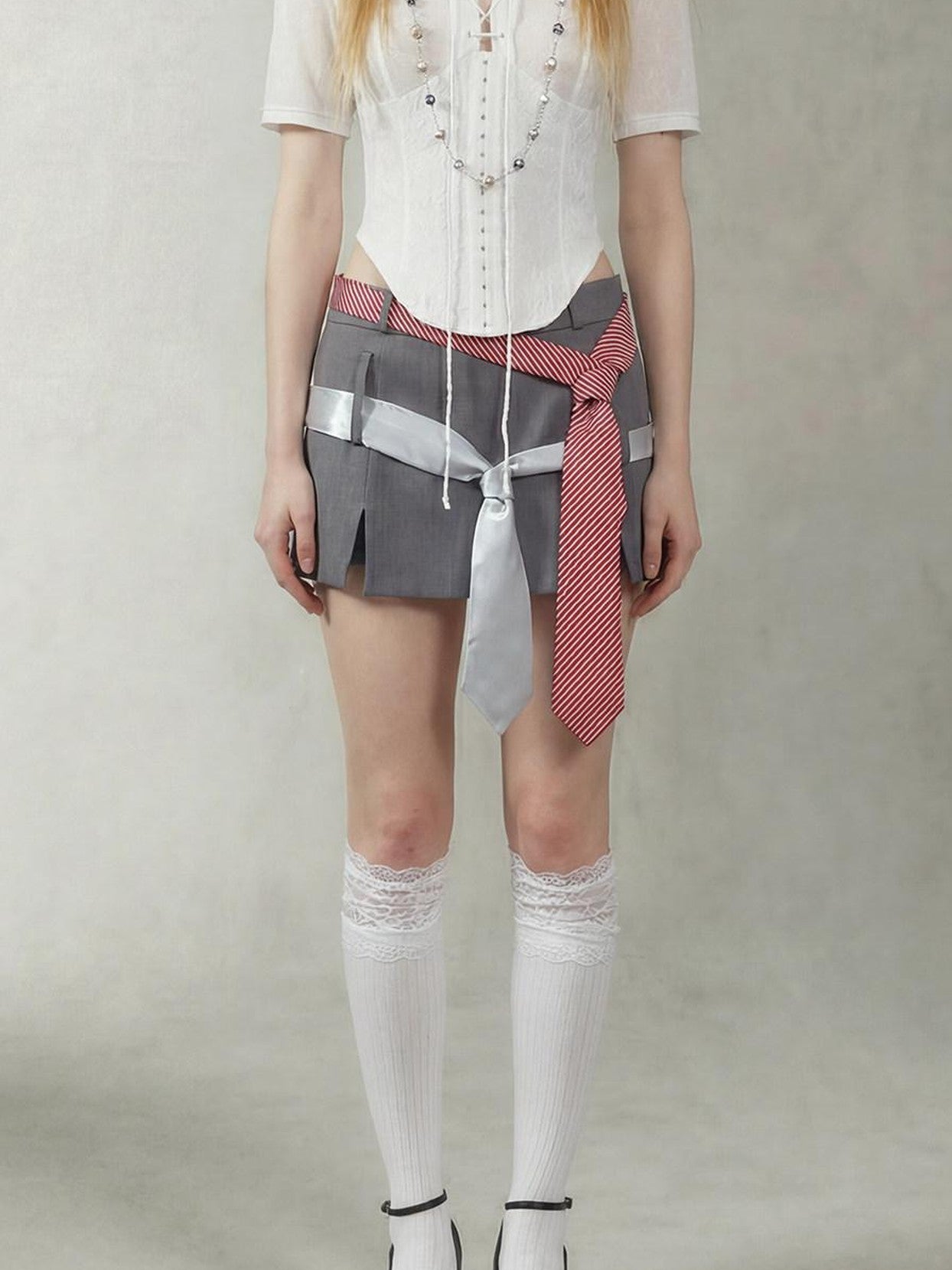 Emoha Gray Tie Detail A Line Side Zipper Mid Waist Women&