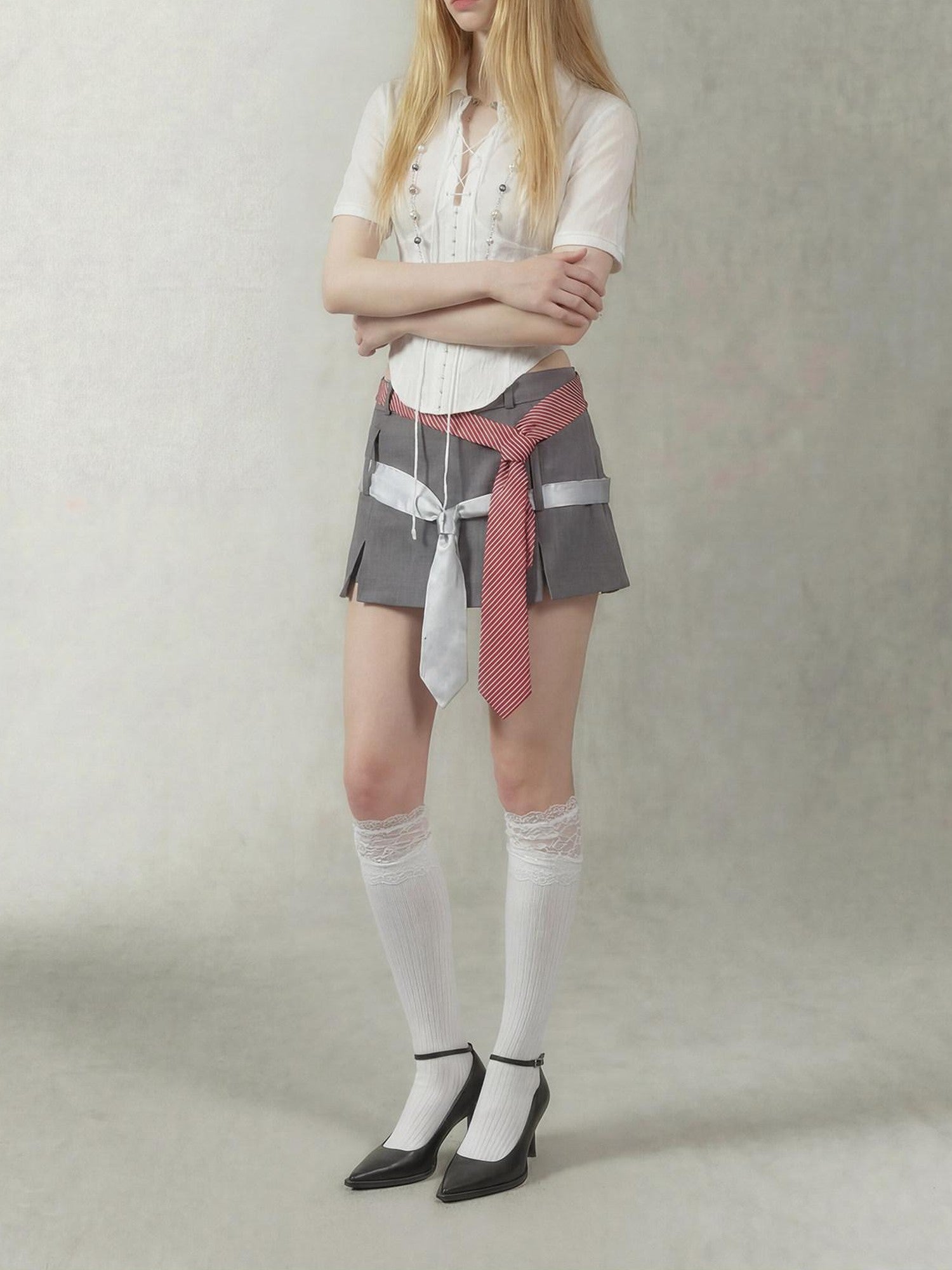 Emoha Gray Tie Detail A Line Side Zipper Mid Waist Women&