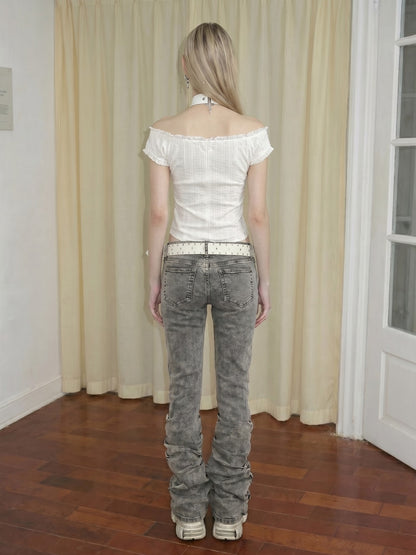 Emoha Gray Vintage Low Waist Ruched Women&
