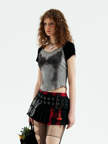 Emoha Gray Witch Print Raglan Tee V-neck T-shirt Long Sleeve