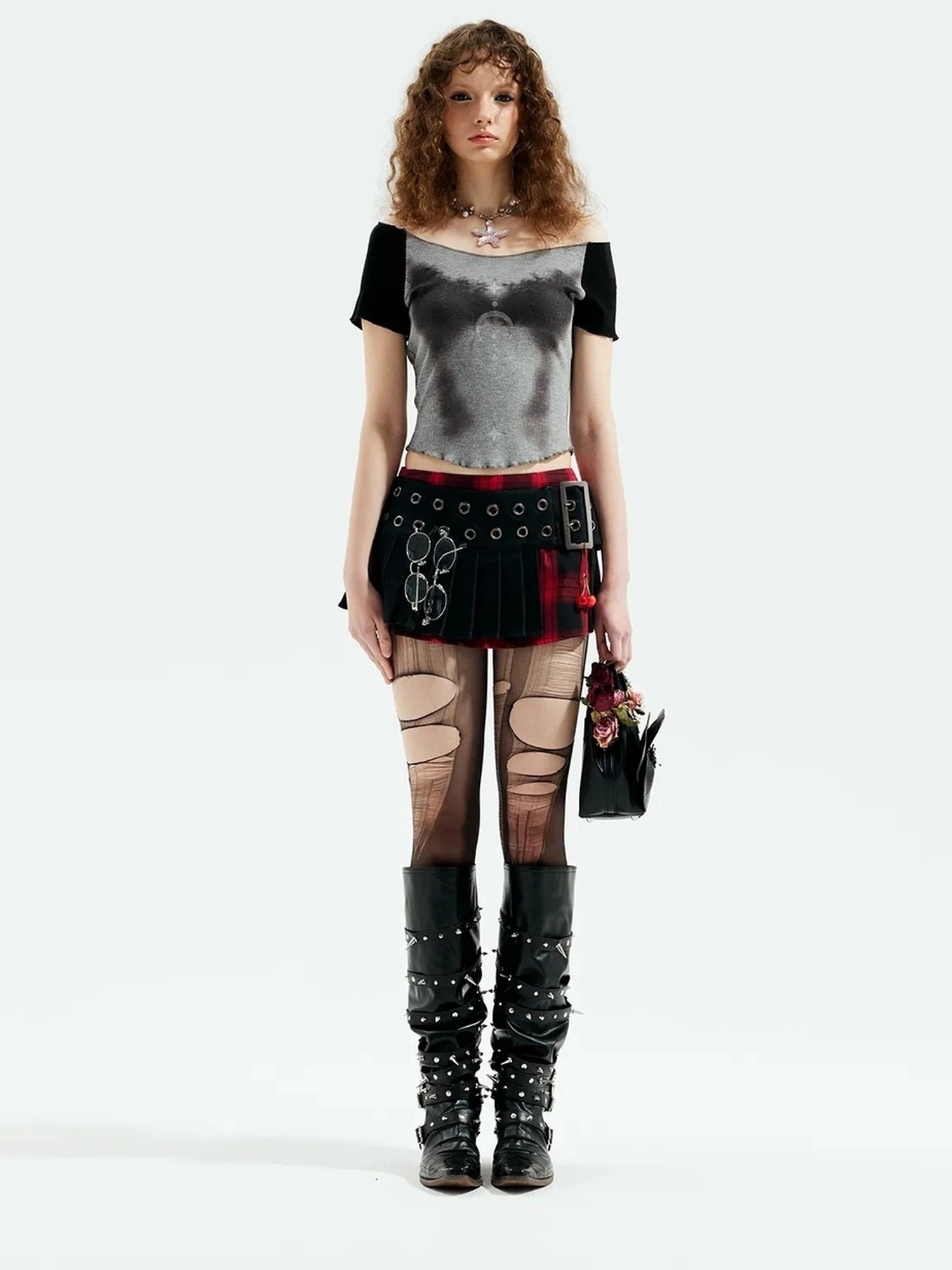 Emoha Gray Witch Print Raglan Tee V-neck T-shirt Long Sleeve