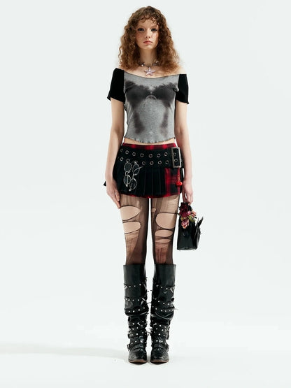 Emoha Gray Witch Print Raglan Tee V-neck T-shirt Long Sleeve