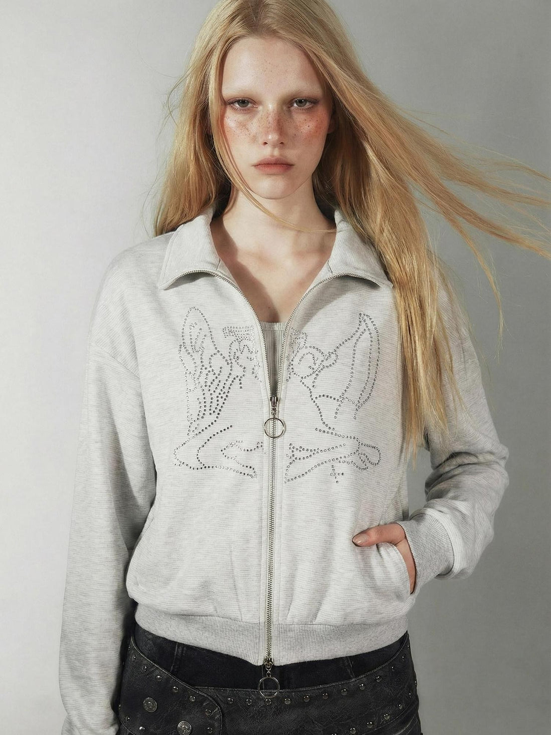 Emoha Heather Gray Fleece Rhinestone Zip Collar Women&