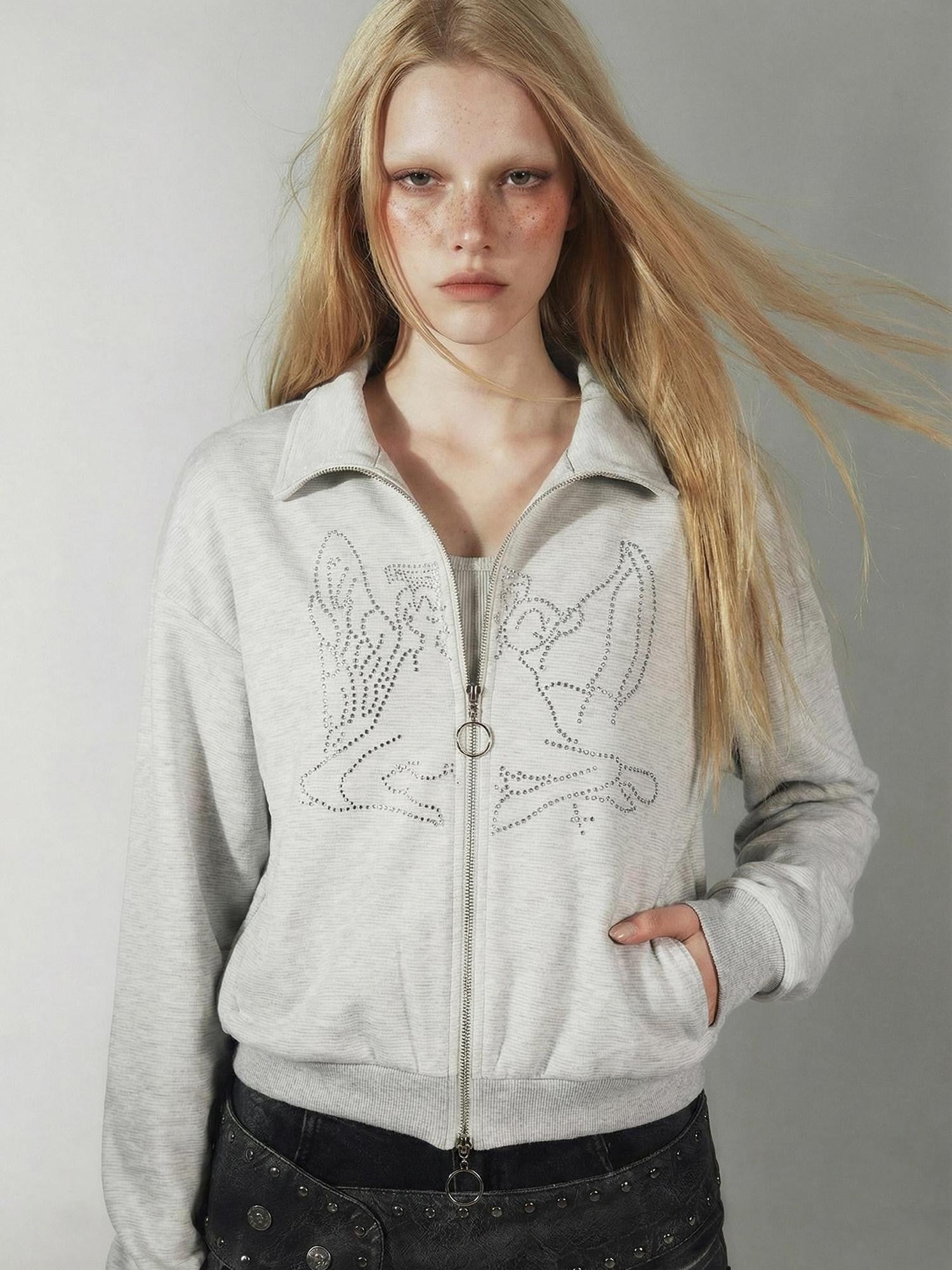 Emoha Heather Gray Fleece Rhinestone Zip Collar Women&