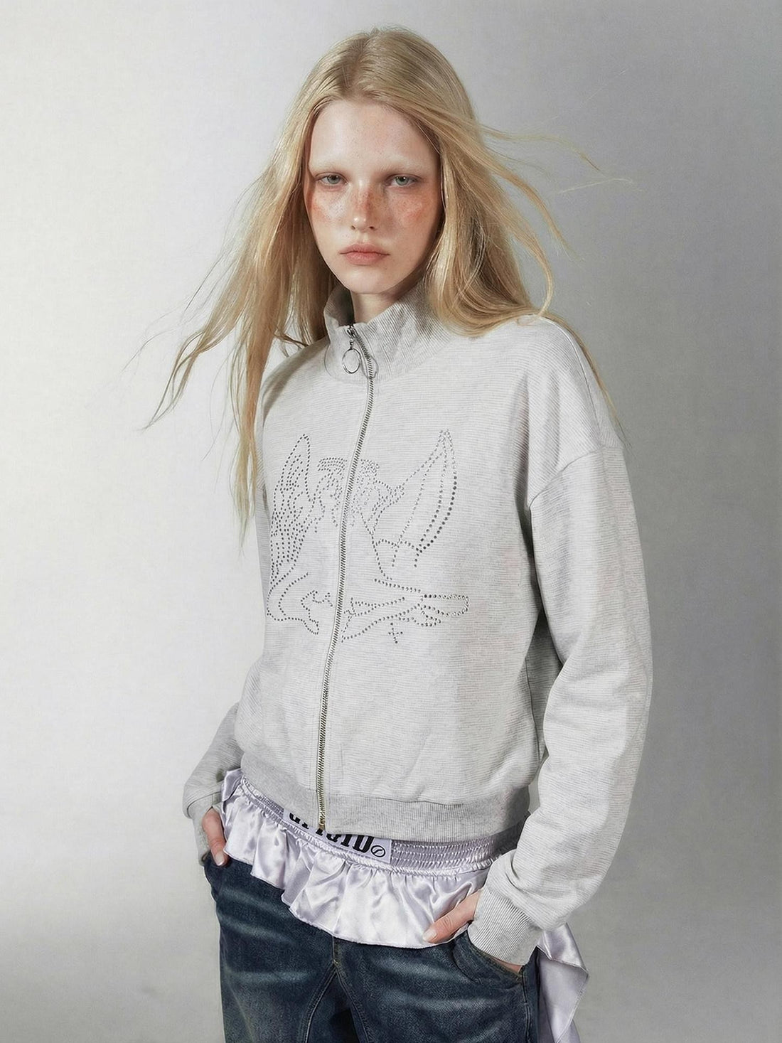 Emoha Heather Gray Fleece Rhinestone Zip Collar Women&