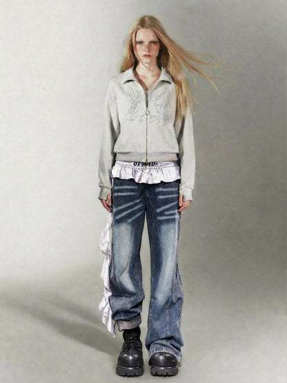 Emoha Heather Gray Fleece Rhinestone Zip Collar Women&