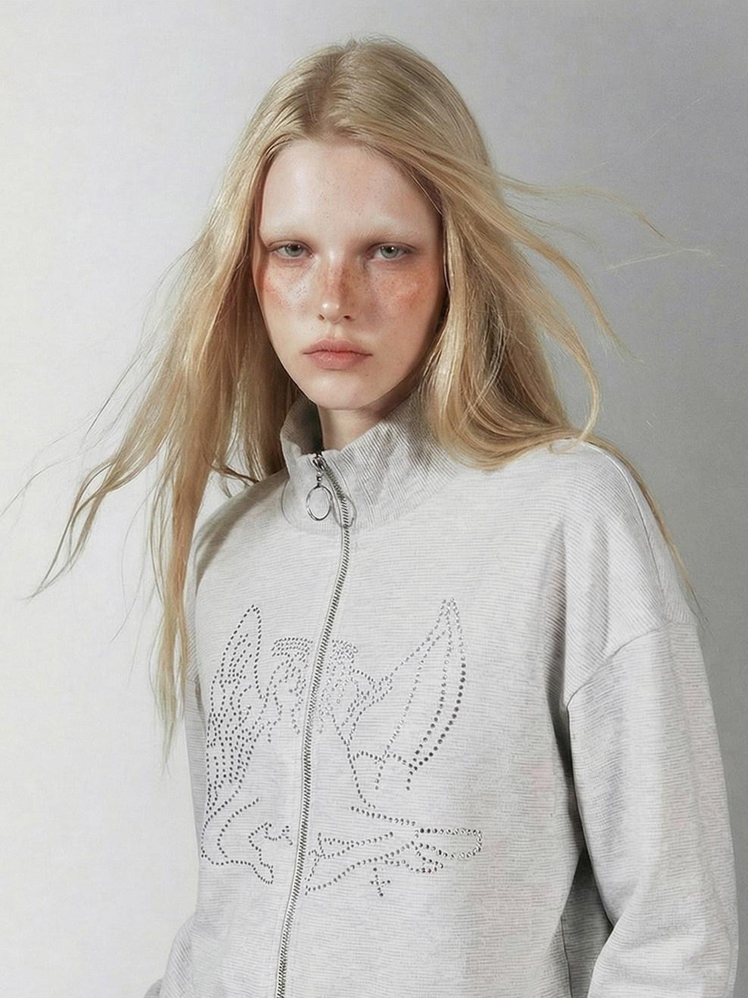Emoha Heather Gray Fleece Rhinestone Zip Collar Women&