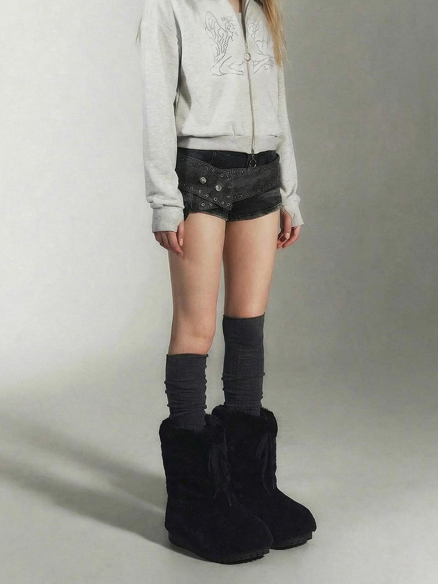 Emoha Heather Gray Fleece Rhinestone Zip Collar Women&