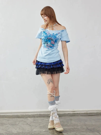 Emoha Layered Blue Lace Ballet A Line Skirt