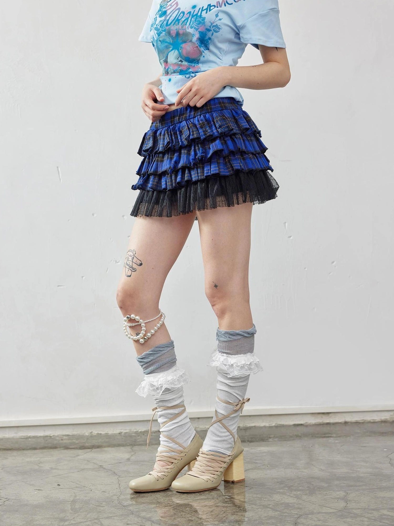 Emoha Layered Blue Lace Ballet A Line Skirt