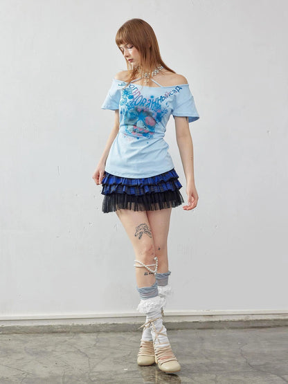 Emoha Layered Blue Lace Ballet A Line Skirt