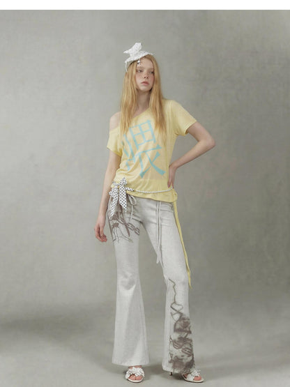 Emoha Lemon Yellow Text Print Slant Shoulder Slim Y2k Women&