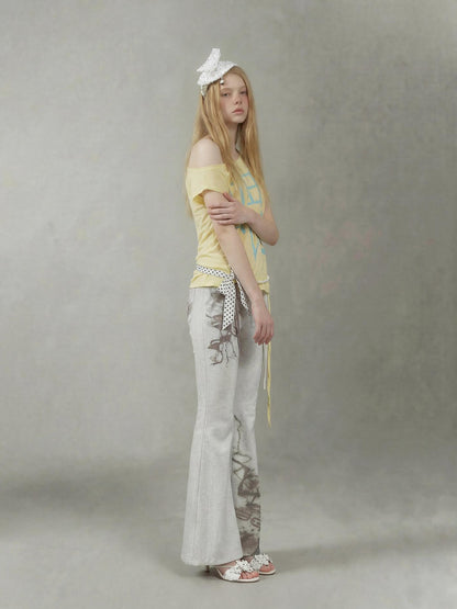 Emoha Lemon Yellow Text Print Slant Shoulder Slim Y2k Women&
