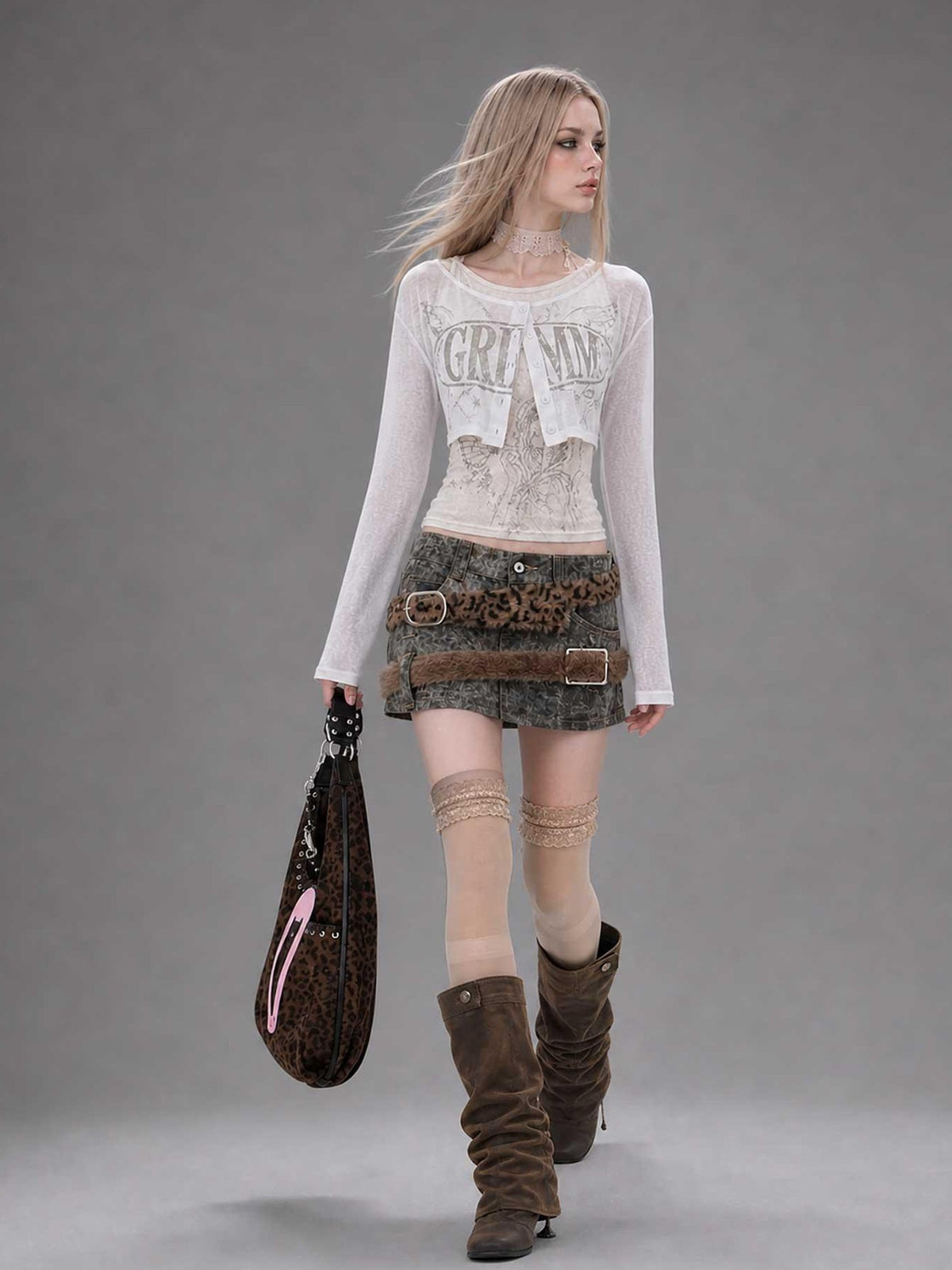 Emoha Leopard Patchwork Tie Dye 3d Metal Embellished A Line Women&