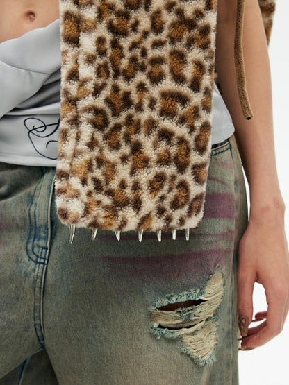 Emoha Leopard Print Embroidered Cat Paw Warm Women&