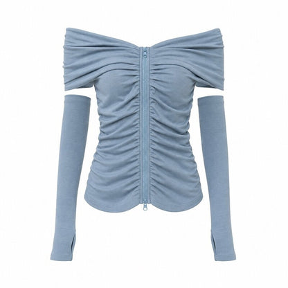 Emoha_Light_Blue_Ruched_V-neck_Zipper_Long_Sleeve_Women&