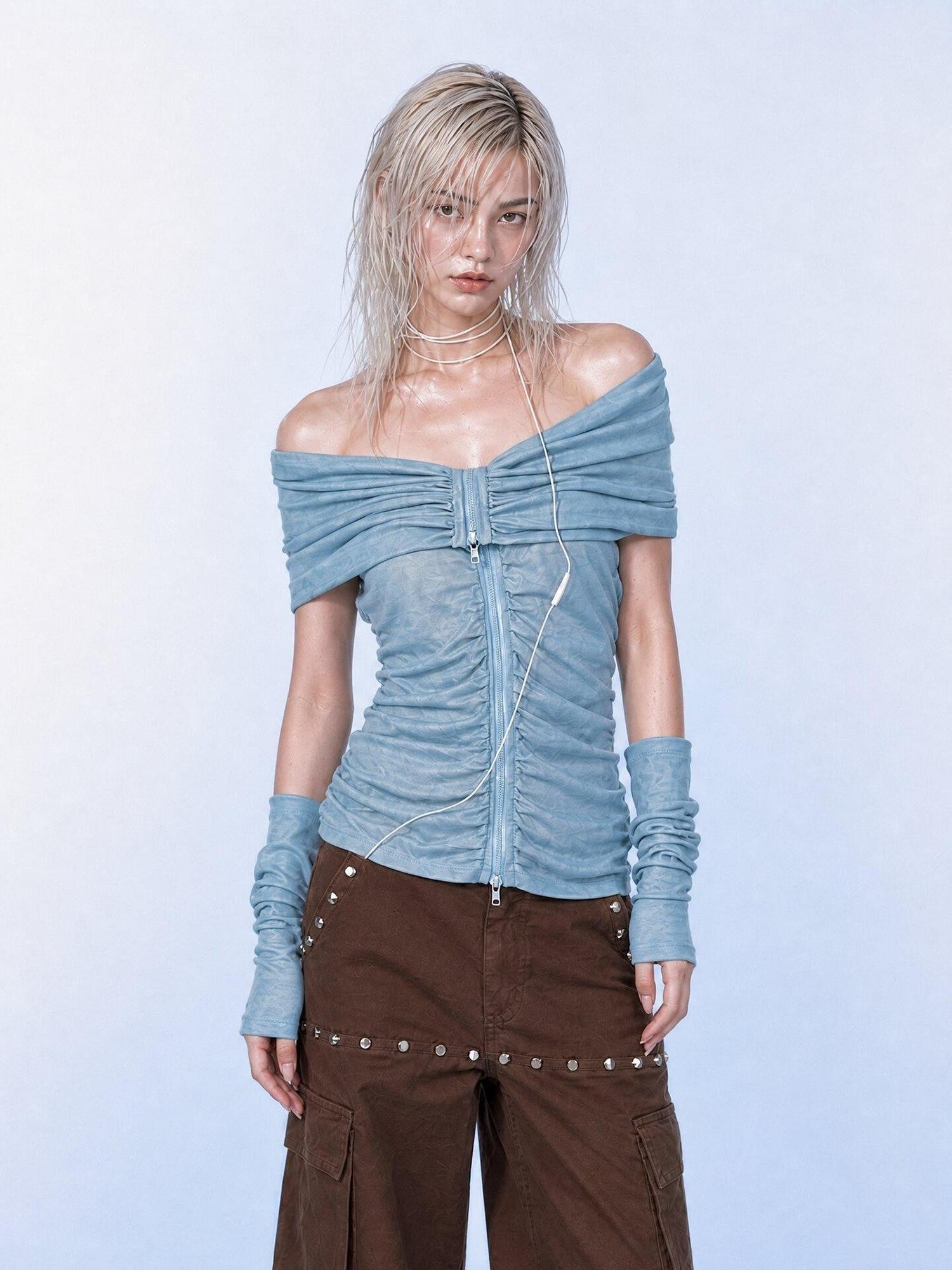 Emoha Light Blue Ruched V-neck Zipper Long Sleeve Women&