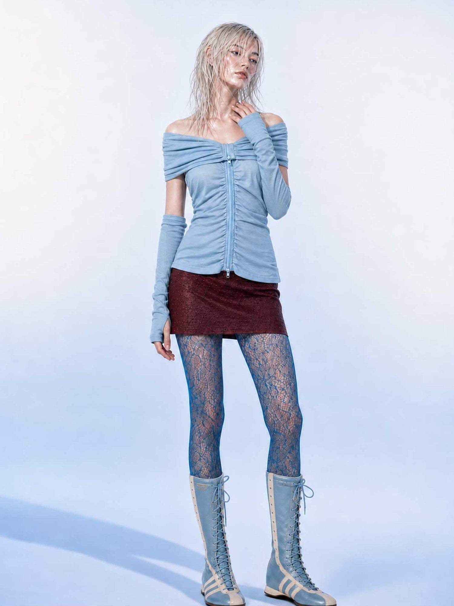 Emoha Light Blue Ruched V-neck Zipper Long Sleeve Women&