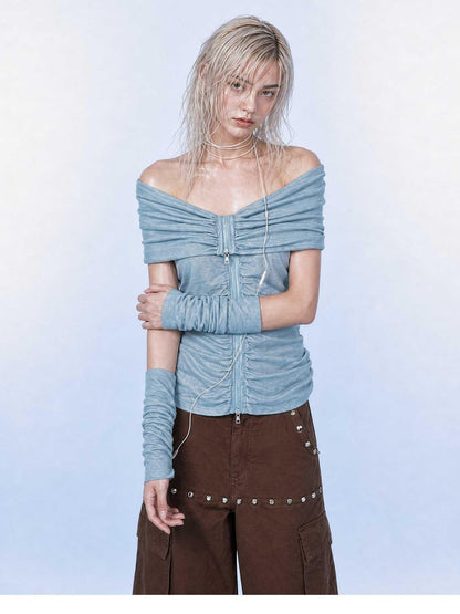 Emoha Light Blue Ruched V-neck Zipper Long Sleeve Women&