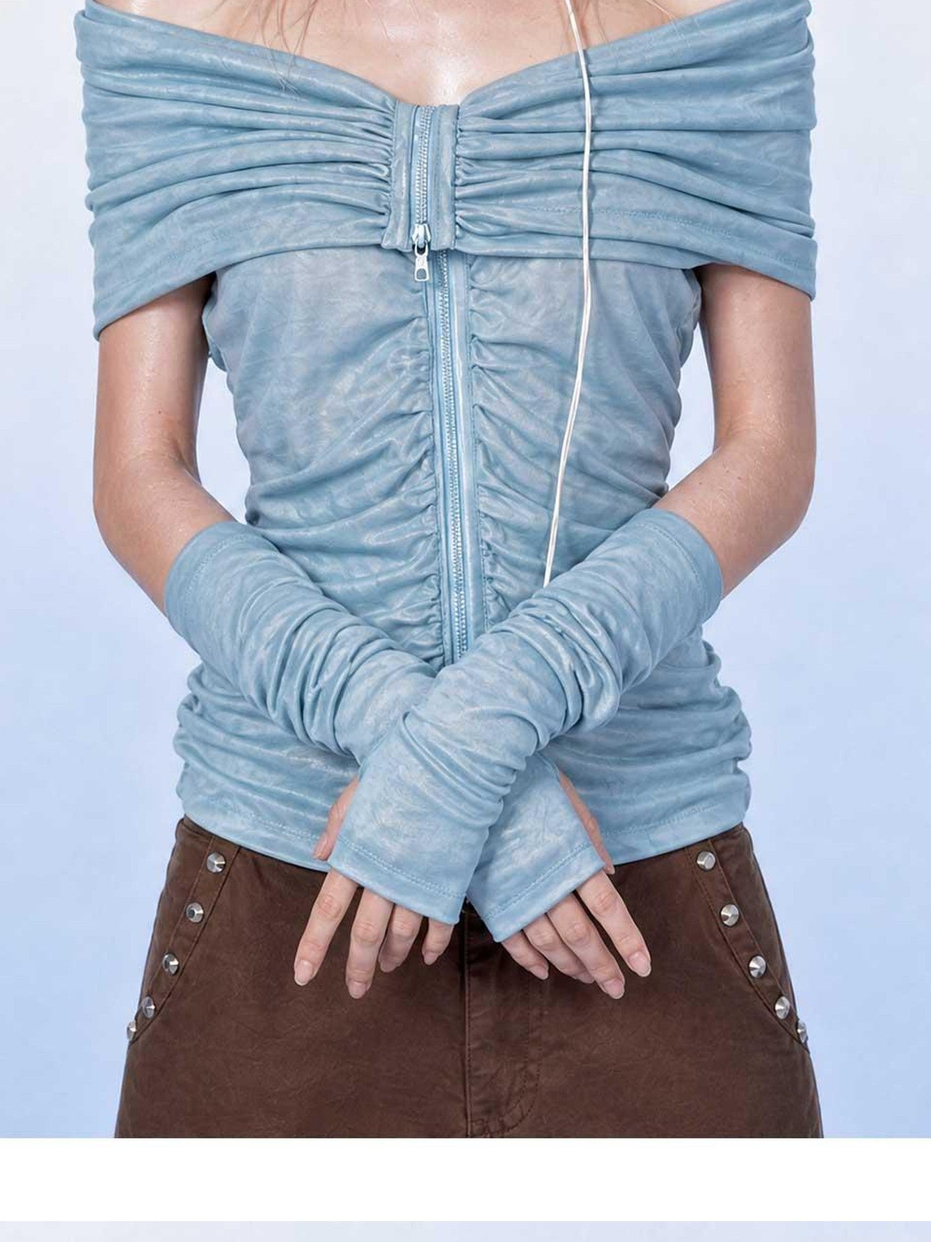 Emoha Light Blue Ruched V-neck Zipper Long Sleeve Women&