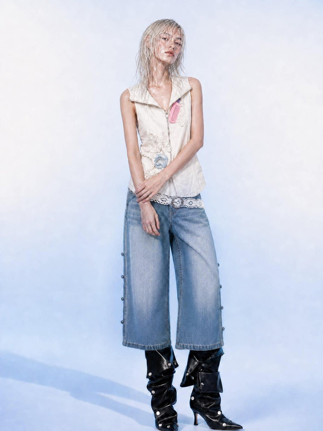 Emoha Light Blue Washed Convertible Low Waist Women&