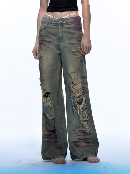 Emoha Light Wash Distressed Ripped Punk Natural Waist Women&