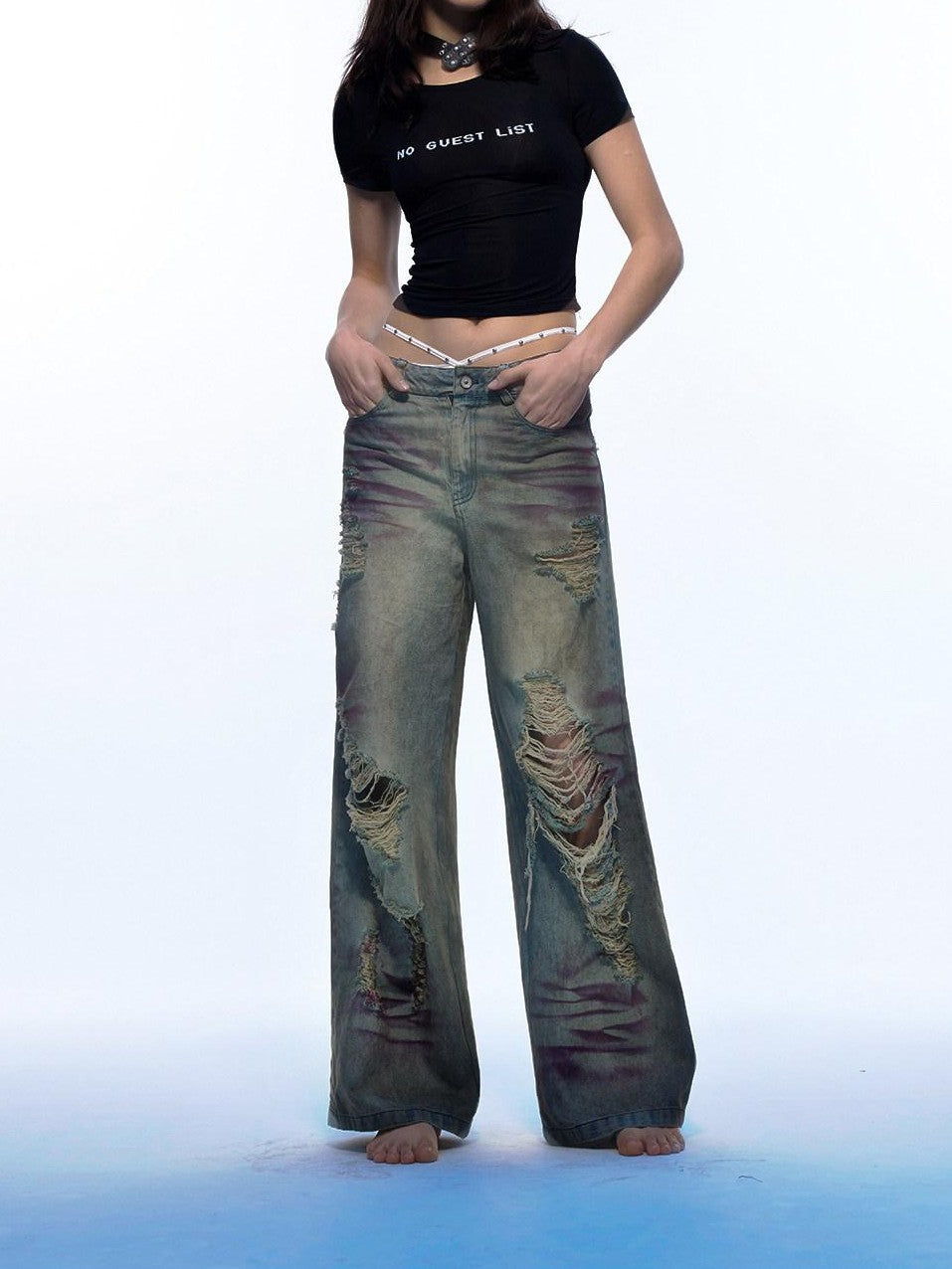 Emoha Light Wash Distressed Ripped Punk Natural Waist Women&