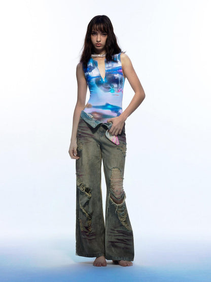 Emoha Light Wash Distressed Ripped Punk Natural Waist Women&