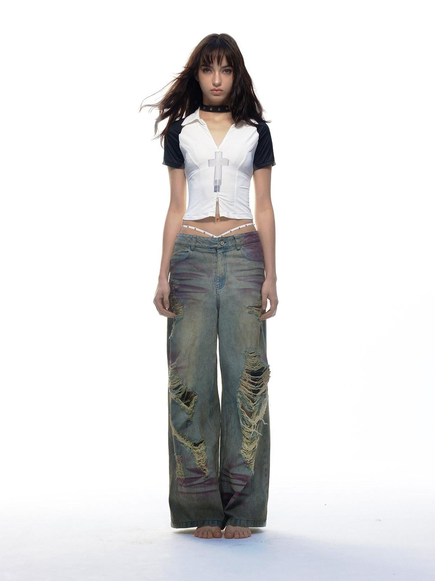Emoha Light Wash Distressed Ripped Punk Natural Waist Women&