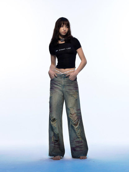 Emoha Light Wash Distressed Ripped Punk Natural Waist Women&