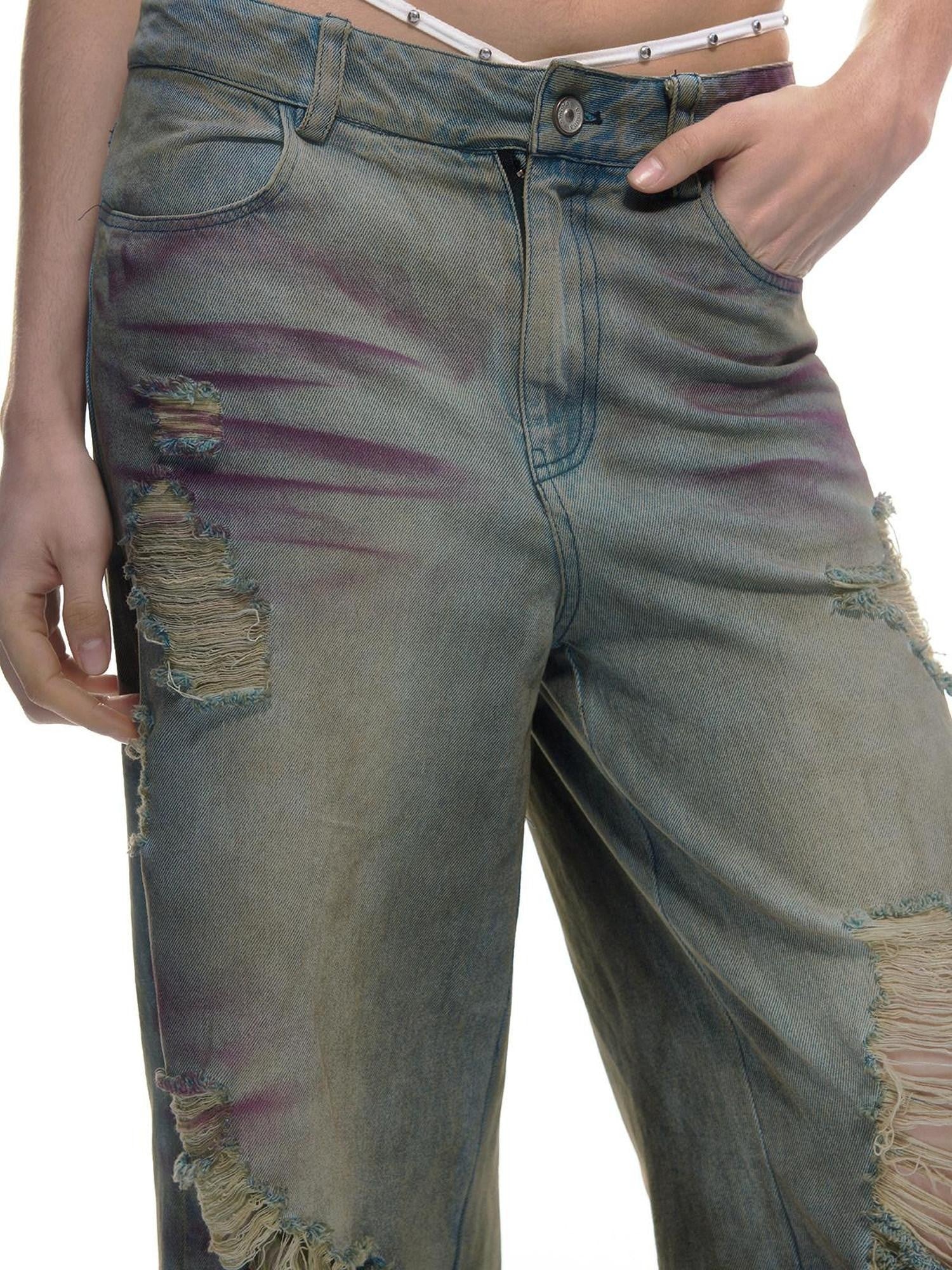 Emoha Light Wash Distressed Ripped Punk Natural Waist Women&