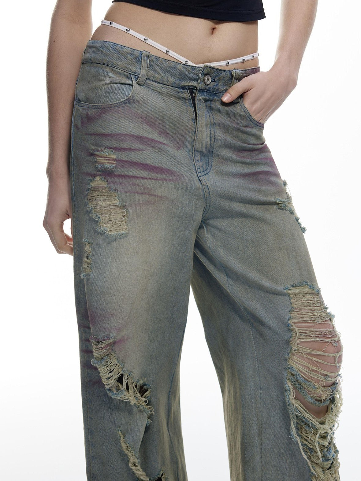 Emoha Light Wash Distressed Ripped Punk Natural Waist Women&
