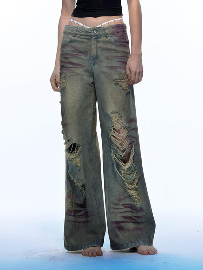 Emoha Light Wash Distressed Ripped Punk Natural Waist Women&