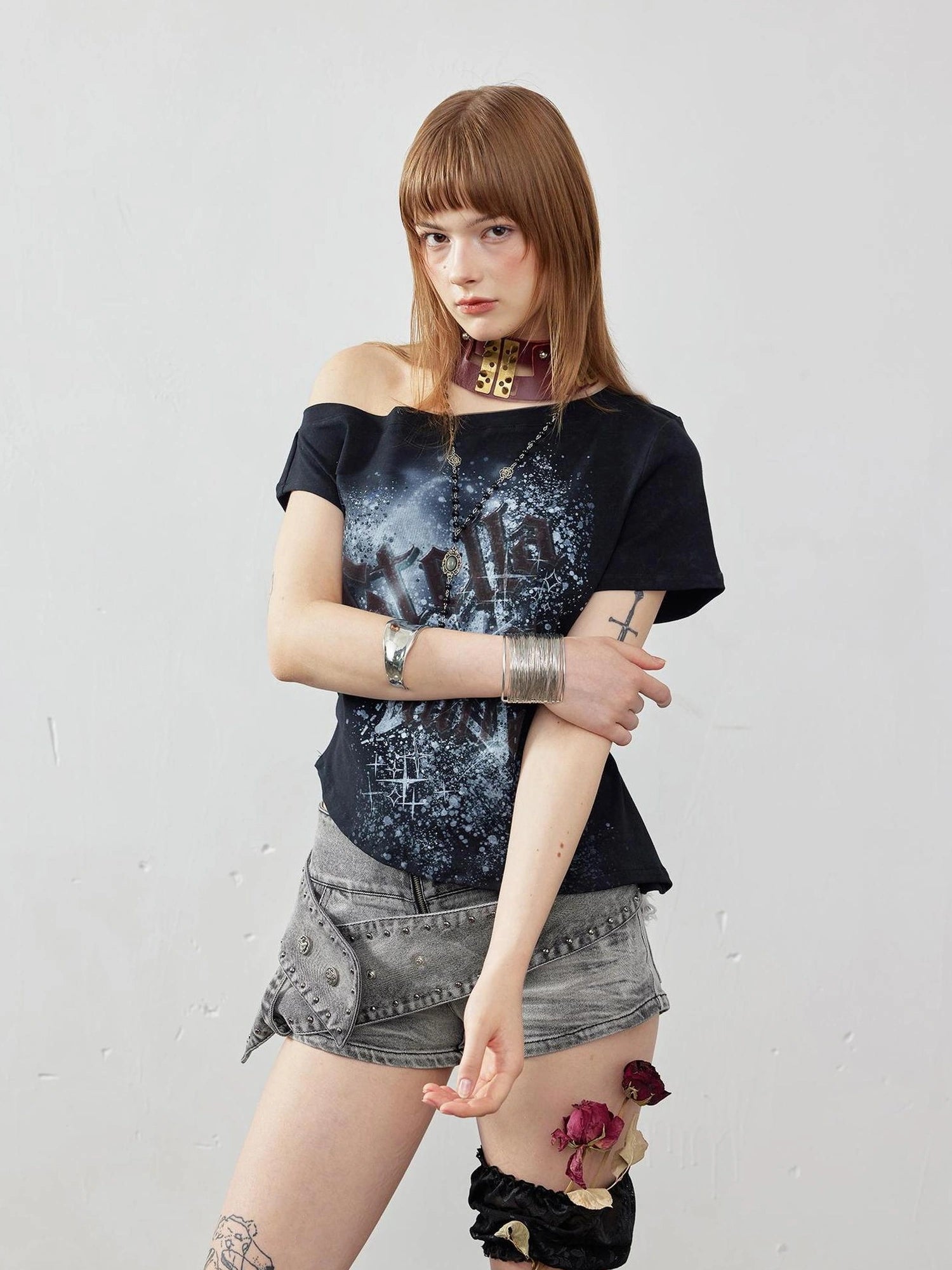 Emoha Off Shoulder Star Print Fitted Cotton Top
