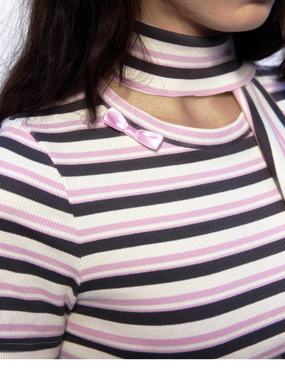 Emoha Pink Striped Bow Crewneck Slim Fit Women&