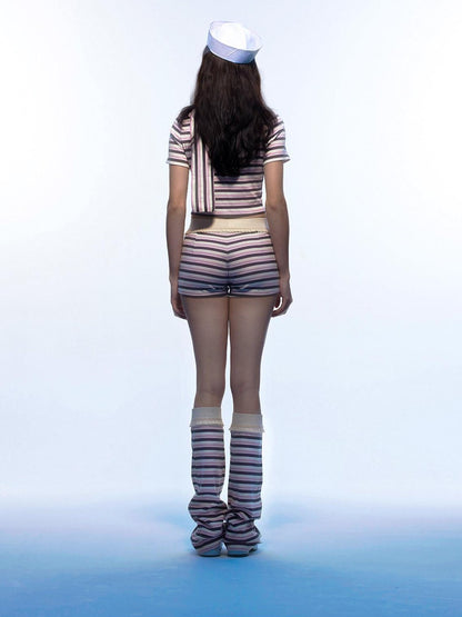 Emoha Pink Striped Bow Crewneck Slim Fit Women&