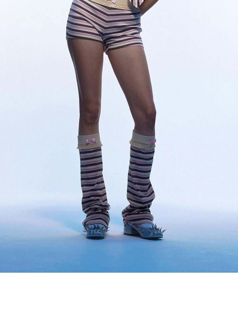 Emoha Pink Striped Bow Crewneck Slim Fit Women&