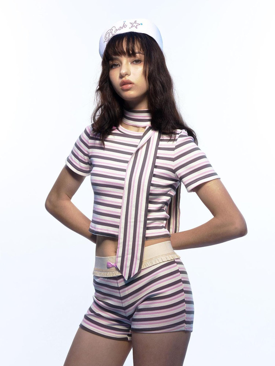 Emoha Pink Striped Bow Crewneck Slim Fit Women&