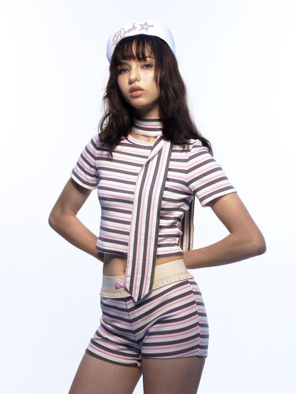 Emoha Pink Striped Bow Crewneck Slim Fit Women&