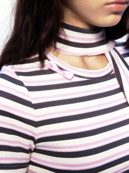 Emoha Pink Striped Bow Crewneck Slim Fit Women&