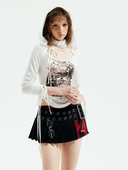 Emoha Punk Gothic Witch Tokyo Y2k Red Black Plaid Pleated Skirt