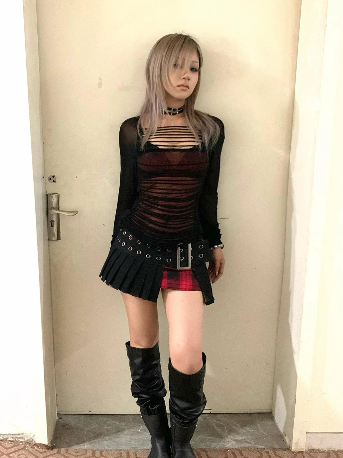 Emoha Punk Gothic Witch Tokyo Y2k Red Black Plaid Pleated Skirt