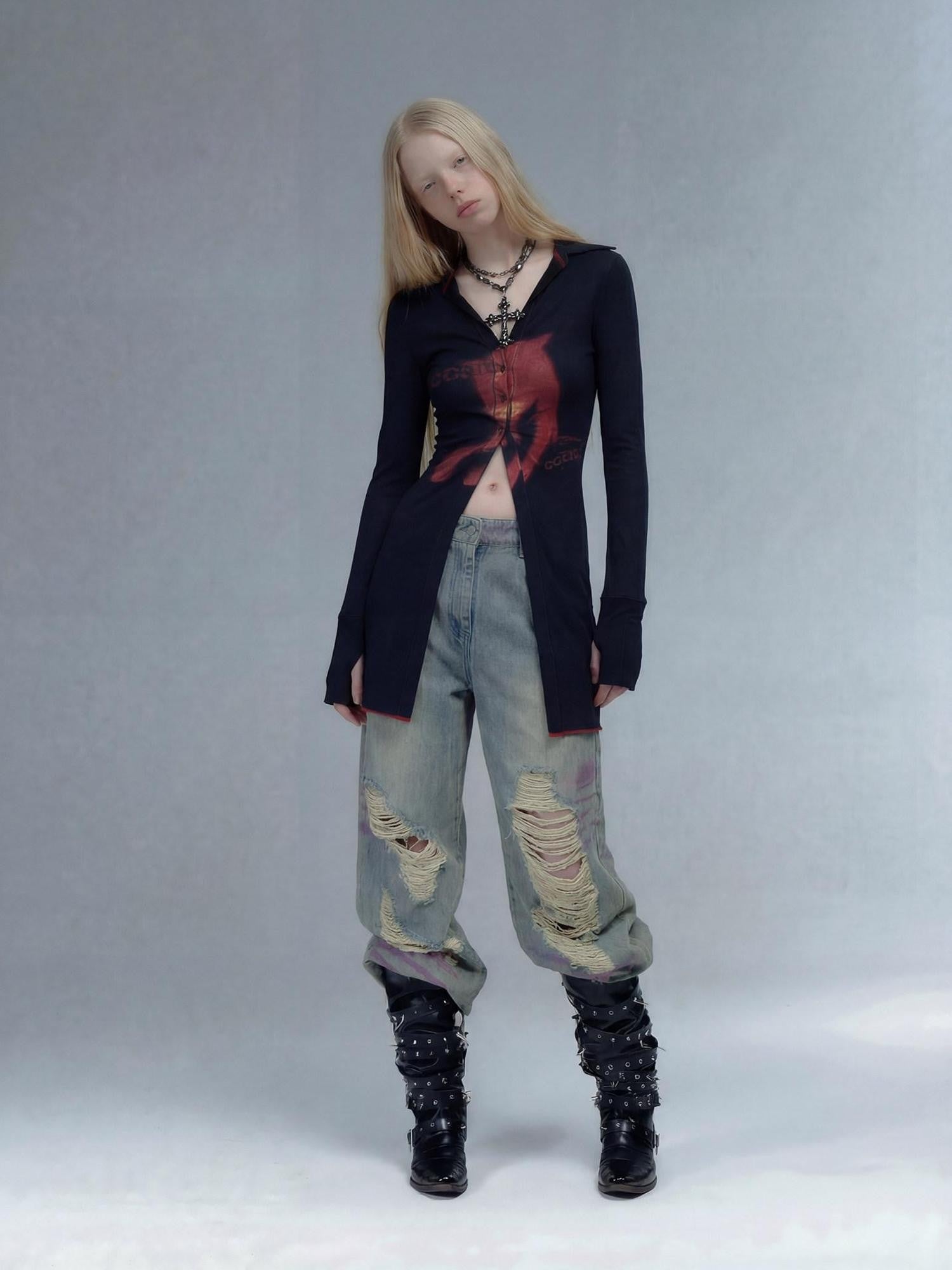 Emoha Punk Rock Band Print Y2k Slim Women&