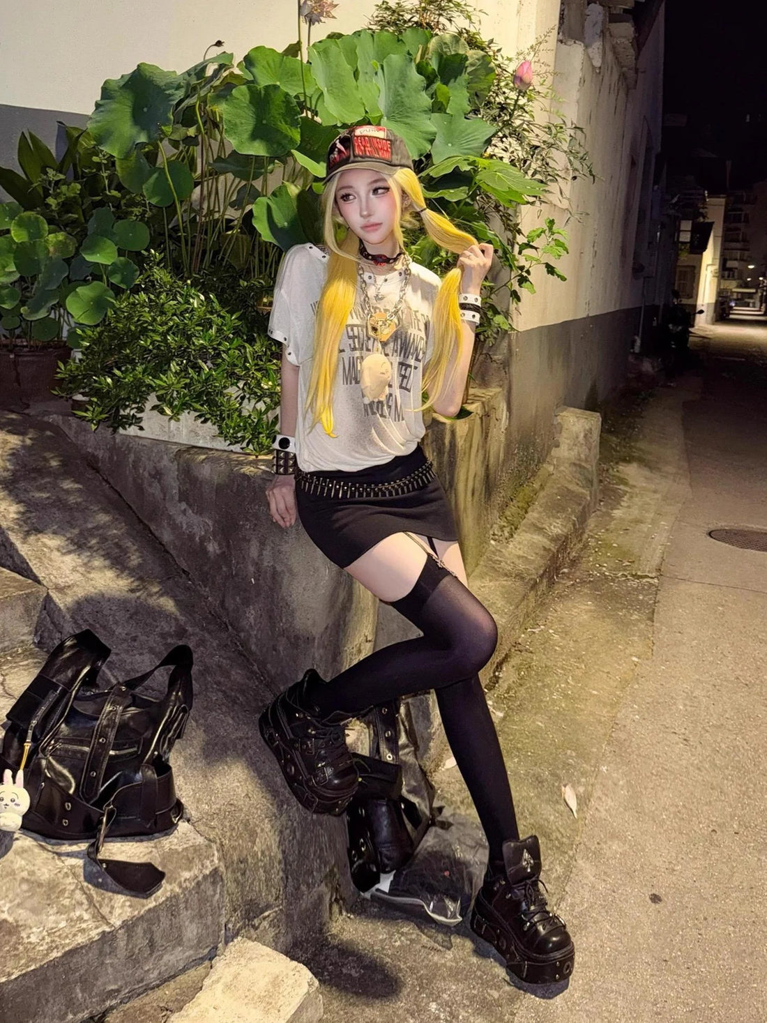 Emoha Punk Studded Print Slit V-neck Dress