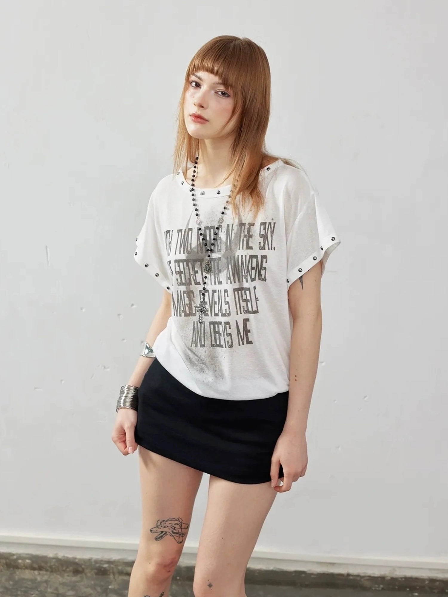 Emoha Punk Studded Print Slit V-neck Dress
