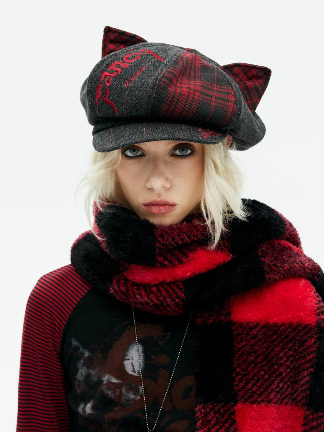 Emoha Punk Y2k Plaid Newsboy Cap With Cat Ears